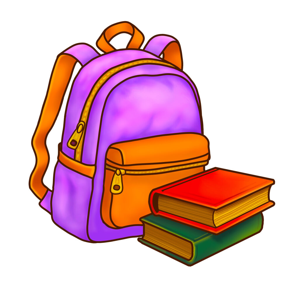 Cartoon backpack with books isolated on white background, illustration on the theme of Back to school