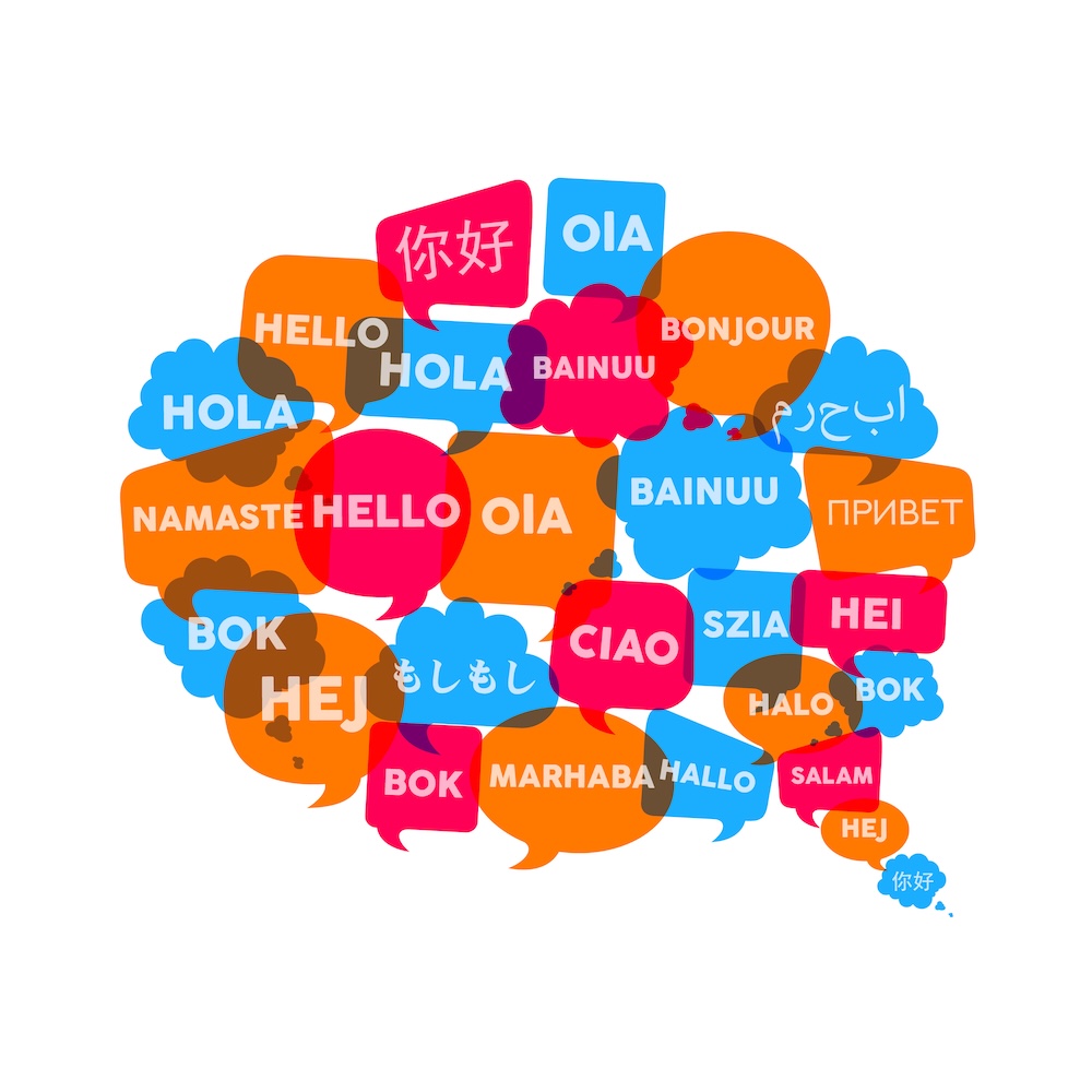 Social chat bubbles with different language words in speech bubble shape, concept illustration for international communication and translation. EPS10 vector.